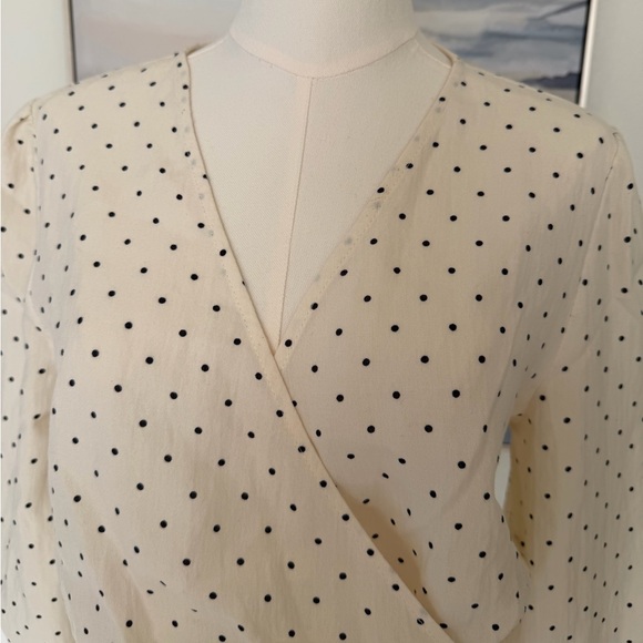 Francesca’s Collection Blue Rain Ivory & Black Polka Dot Wrap Blouse - Picture 4 of 16